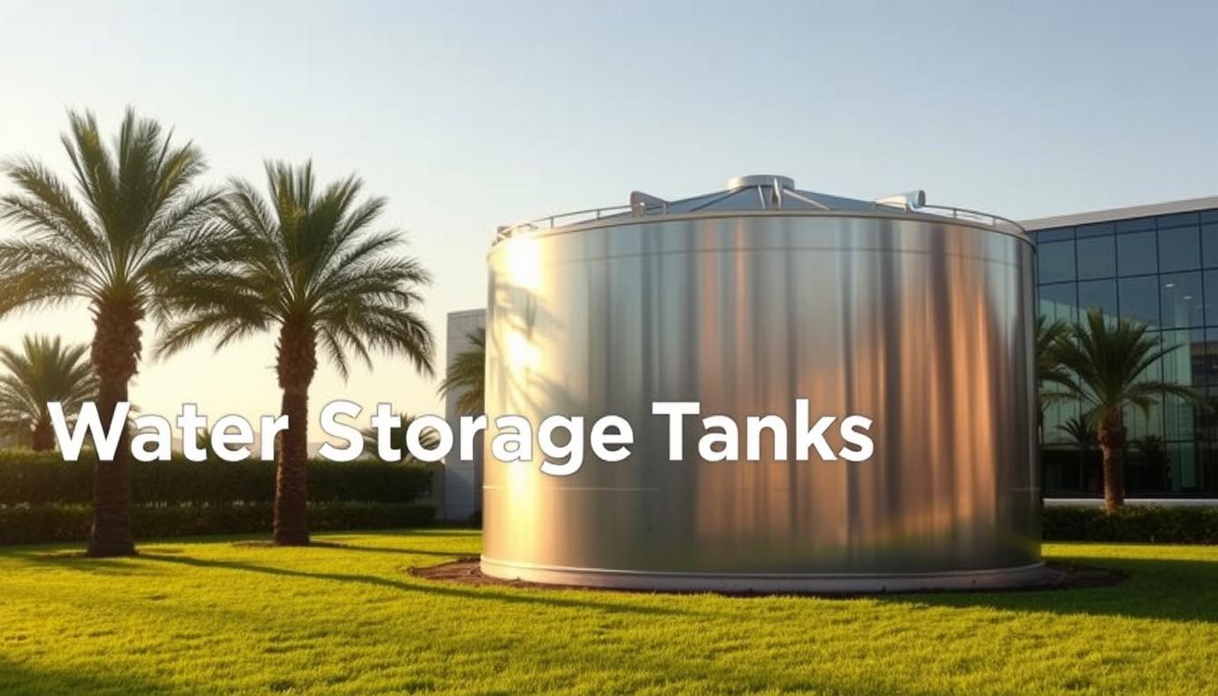 A large, gleaming metal water storage tank stands prominently in the foreground, its smooth, reflective surface catching the warm, golden sunlight. The tank is surrounded by a well-manicured landscape, with lush green grass and palm trees swaying gently in the breeze. In the background, a modern, minimalist building can be seen, its clean lines and glass façade reflecting the sky and the surrounding environment. The scene conveys a sense of quality, reliability, and efficiency, perfectly capturing the essence of "Water Storage Tanks: Delivering Fresh Water" and the section "Why Choose Us in Al-Masayil? Speed, Quality, and Trust".
