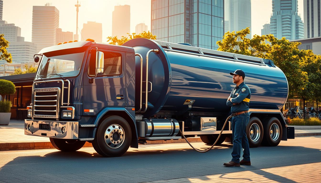 A meticulously crafted scene depicting the delivery of fresh, clean water to a bustling restaurant. The foreground showcases a sturdy water tanker truck, its gleaming chrome and deep blue paintwork reflecting the warm, golden sunlight. A uniformed driver stands ready, a hose in hand, prepared to transfer the precious cargo into the restaurant's waiting storage tanks. In the middle ground, the restaurant's exterior is visible, a modern, glass-fronted establishment with an inviting ambiance. The background features a vibrant cityscape, skyscrapers, and lush greenery, highlighting the urban setting. The lighting is natural and diffused, creating a sense of warmth and professionalism. The overall composition conveys the importance of reliable, high-quality water delivery in supporting the thriving food service industry.
