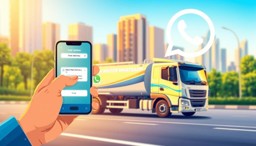 A modern and vibrant illustration showcasing the quick steps of ordering water delivery service via phone and WhatsApp. In the foreground, a person is holding a smartphone, their fingers tapping on the screen as they place an order. The middle ground features a stylized water tanker truck, its bright colors and sleek design conveying efficiency and reliability. In the background, a soft-focus cityscape sets the urban context, with tall buildings and lush greenery. The overall scene is bathed in warm, golden lighting, creating a sense of professionalism and sophistication. The composition is balanced and visually engaging, inviting the viewer to imagine the seamless experience of ordering water delivery with a few taps on a mobile device. A modern and vibrant illustration showcasing the quick steps of ordering water delivery service via phone and WhatsApp. In the foreground, a person is holding a smartphone, their fingers tapping on the screen as they place an order. The middle ground features a stylized water tanker truck, its bright colors and sleek design conveying efficiency and reliability. In the background, a soft-focus cityscape sets the urban context, with tall buildings and lush greenery. The overall scene is bathed in warm, golden lighting, creating a sense of professionalism and sophistication. The composition is balanced and visually engaging, inviting the viewer to imagine the seamless experience of ordering water delivery with a few taps on a mobile device.