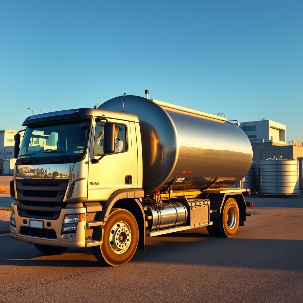 A modern, well-equipped water delivery truck stands prominently in the foreground, its gleaming silver tank reflecting the warm sunlight. In the middle ground, a group of office buildings and warehouses suggest the commercial setting, while in the background, a clear blue sky provides a serene backdrop. The truck's driver, dressed in a crisp uniform, oversees the efficient transfer of fresh, pure water into the awaiting storage tanks, highlighting the reliable and professional nature of the company's services. The scene conveys a sense of expertise, attention to detail, and a commitment to providing high-quality water solutions for businesses.