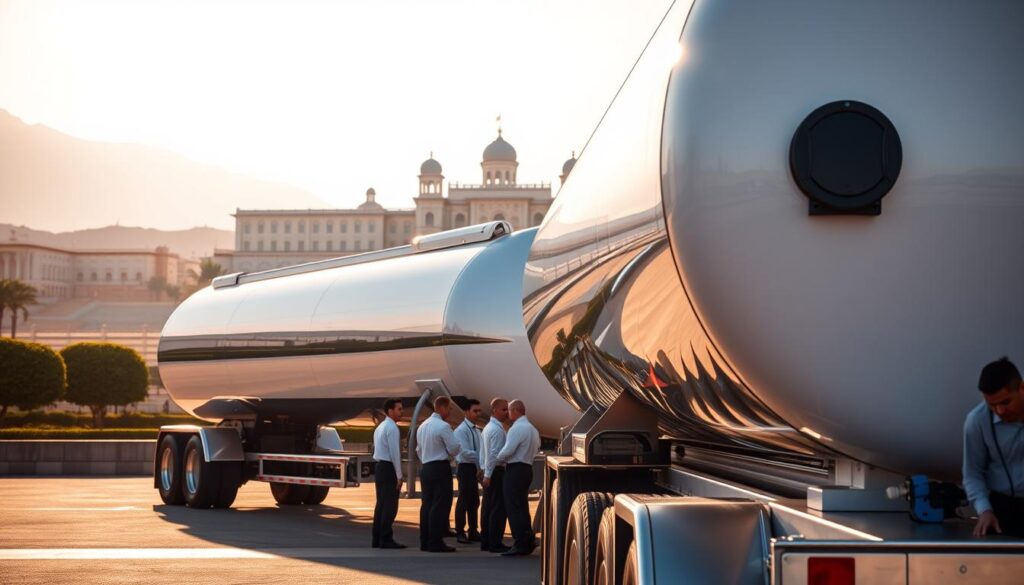 A pristine water tanker stands in the foreground, its chrome fittings gleaming under the warm sunlight. The vehicle's sleek, aerodynamic design reflects the latest advancements in water transportation technology. In the middle ground, a team of technicians in crisp uniforms carefully inspect the tanker's interior, ensuring the highest standards of cleanliness and purity. In the background, a sprawling palace dominates the skyline, its intricate architecture a testament to the region's rich cultural heritage. The scene conveys a sense of order, efficiency, and unwavering dedication to delivering fresh, clean water to even the most prestigious of destinations. A pristine water tanker stands in the foreground, its chrome fittings gleaming under the warm sunlight. The vehicle's sleek, aerodynamic design reflects the latest advancements in water transportation technology. In the middle ground, a team of technicians in crisp uniforms carefully inspect the tanker's interior, ensuring the highest standards of cleanliness and purity. In the background, a sprawling palace dominates the skyline, its intricate architecture a testament to the region's rich cultural heritage. The scene conveys a sense of order, efficiency, and unwavering dedication to delivering fresh, clean water to even the most prestigious of destinations.