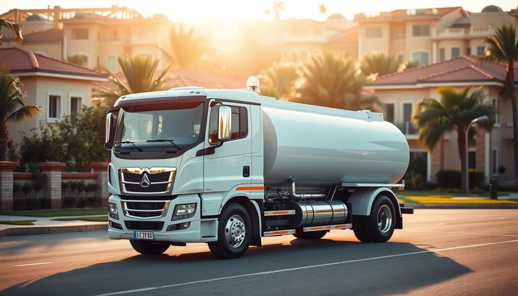 A pristine white water tanker truck prominently displayed in the foreground, its sleek contours and gleaming chrome accents catching the warm morning sunlight. The truck is surrounded by a bustling residential neighborhood, with neatly-manicured homes and lush greenery in the background, conveying a sense of community and tranquility. The scene is bathed in a soft, diffused lighting, creating a pleasant and inviting atmosphere. The angle of the shot is slightly elevated, allowing the viewer to appreciate the scale and presence of the water tanker, while also capturing the context of its urban setting. The overall composition is balanced and visually striking, perfectly illustrating the process of reserving a water tanker for delivery in the Sabah Al-Salem district.