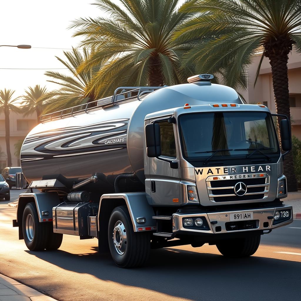A sleek and modern water tanker truck navigates the winding streets of the Rawdah neighborhood, its metallic frame gleaming under the warm midday sun. The vehicle's powerful engine propels it forward with efficiency and speed, its large wheels effortlessly traversing the uneven terrain. The tanker's design is streamlined, optimized for rapid delivery, with a capacious tank that holds a substantial volume of water. Surrounding the truck, lush greenery and towering palm trees create a serene, oasis-like atmosphere, hinting at the lush, verdant environment within the Rawdah area. The overall scene conveys a sense of reliability and urgency, reflecting the crucial role this water tanker plays in ensuring the community's access to clean, reliable water supplies.