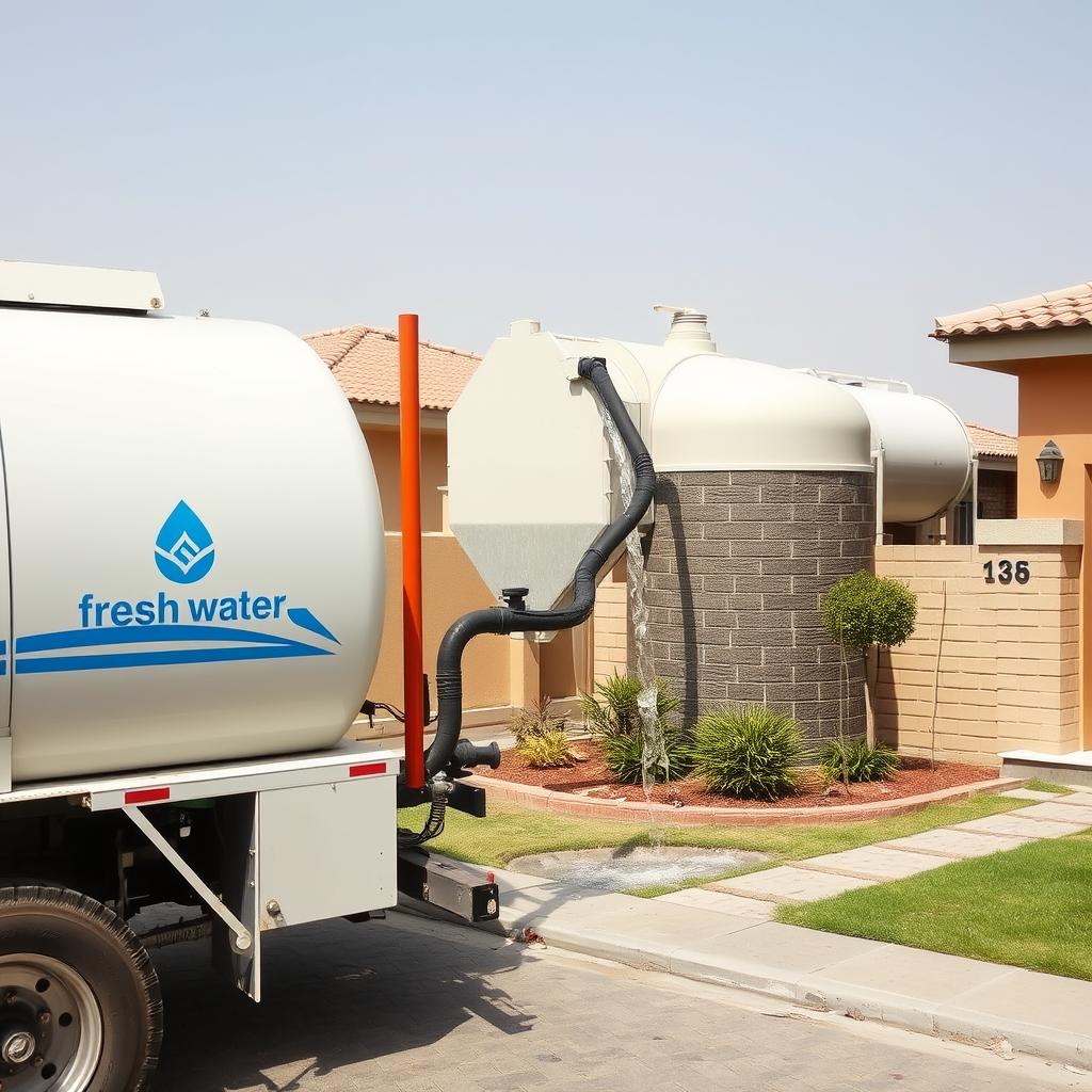 تنكر مياه الكويت أمام منزل أثناء تعبئة الخزان