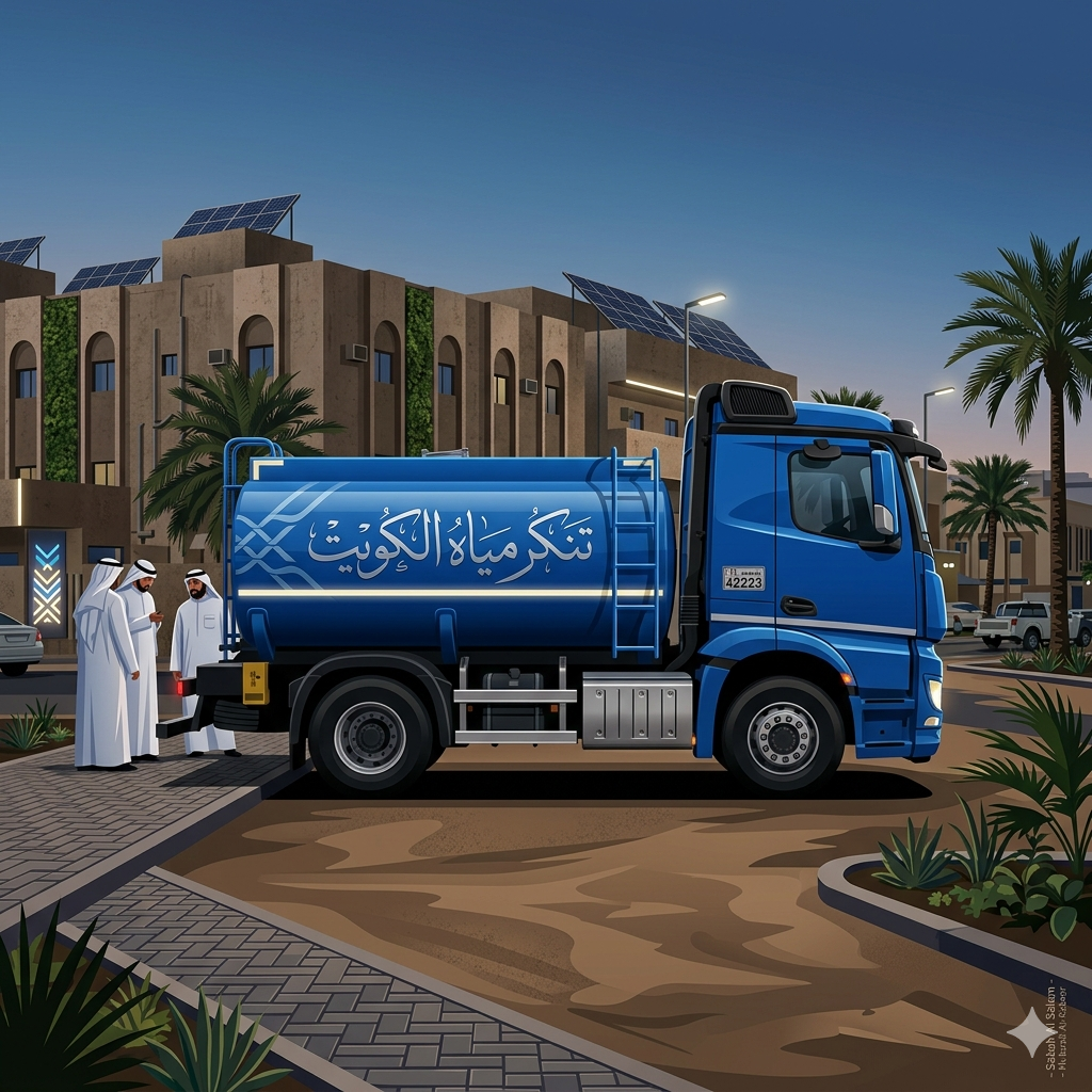 شاحنة تنكر مياه الفروانية تعبئ خزان مياه فوق سطح المنزل