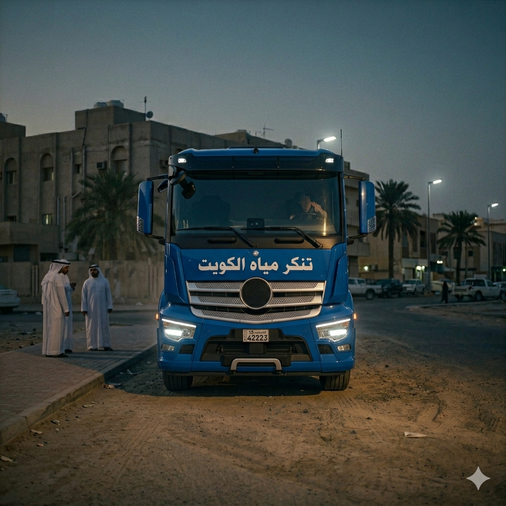 تنكر مياه الكويت أمام منزل أثناء تعبئة الخزان