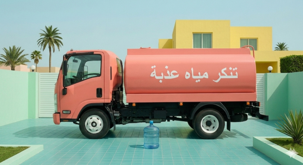 سيارة تنكر مياه الشعب أثناء توصيل المياه النقية للمجمعات السكنية